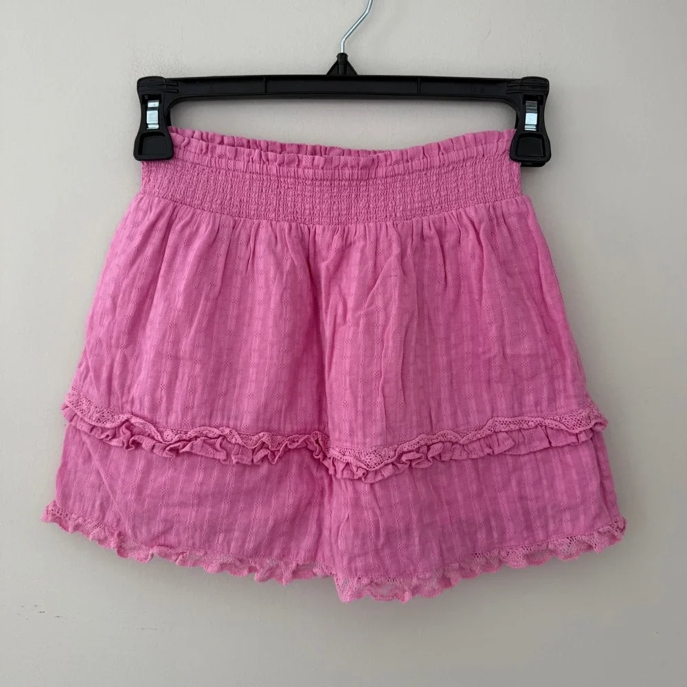 LoveShackFancy Girls Pink Dobby Cotton Smocked‎ Ruffle Lace Mini Skirt 10Y